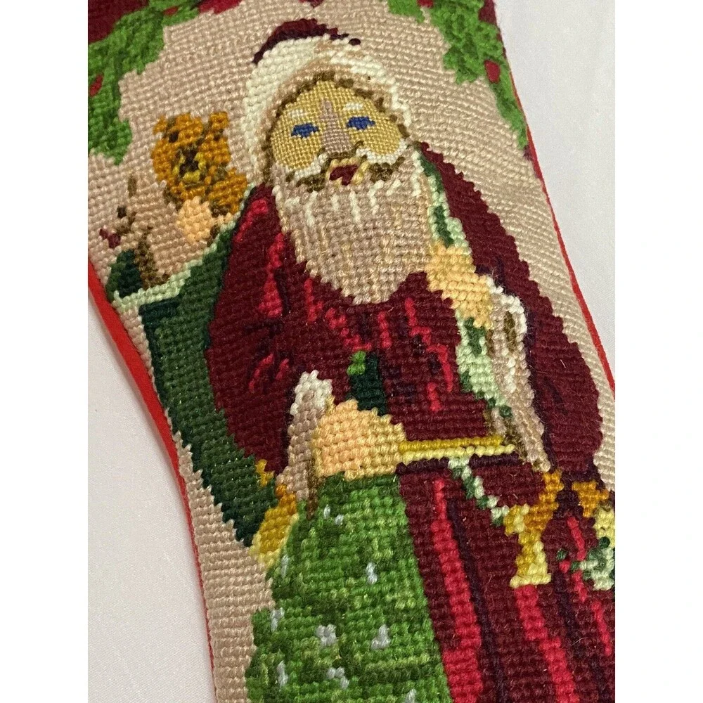 Vintage Wool Needlepoint Christmas Stocking Santa With Toys